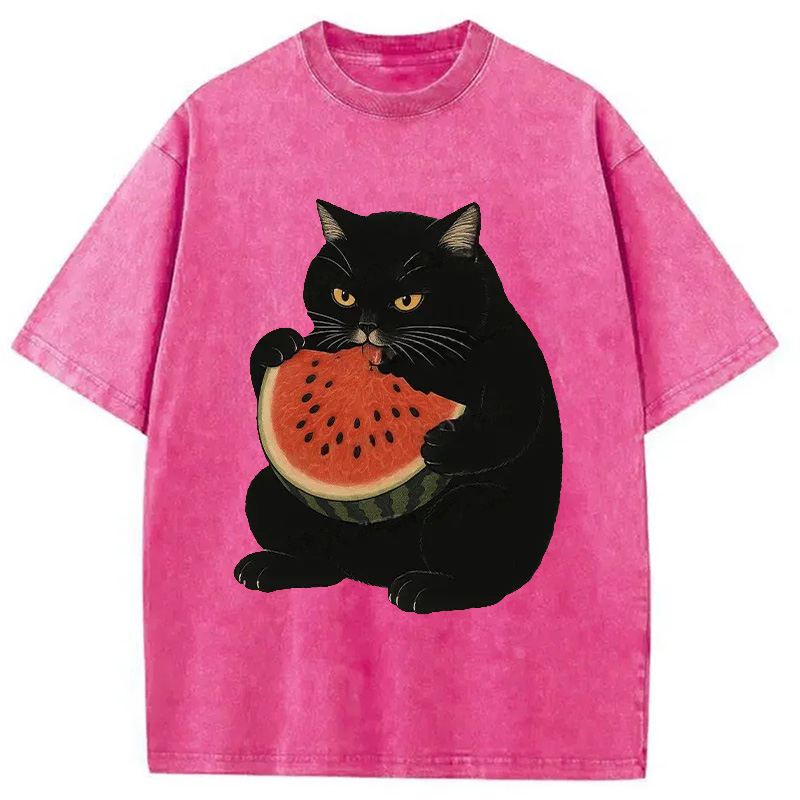 Modecanvas Black Cat Eating Watermelon Washed T-Shirt
