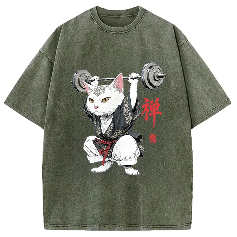 Modecanvas Zen Samurai Cat Weightlifter DTG Printing Washed T-Shirt