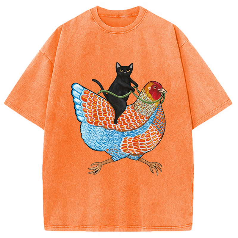 Modecanvas Black Cat On a Wyandotte Chicken Washed T-Shirt-modecanvas