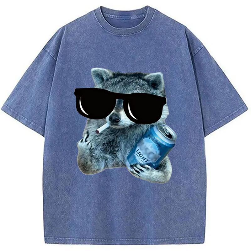 Modecanvas Raccoon Drinking Beer DTG Printing Washed T-Shirt