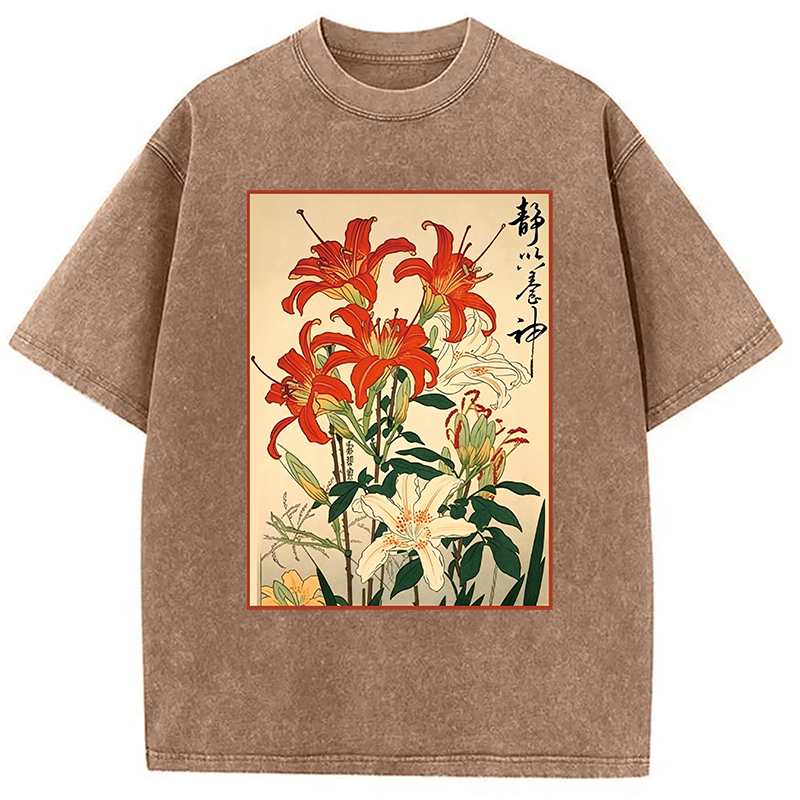 Modecanvas Red And White Lilies DTG Printing Washed T-Shirt