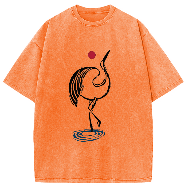 Modecanvas Japanese Crane Linocut DTG Printing Washed T-Shirt-modecanvas