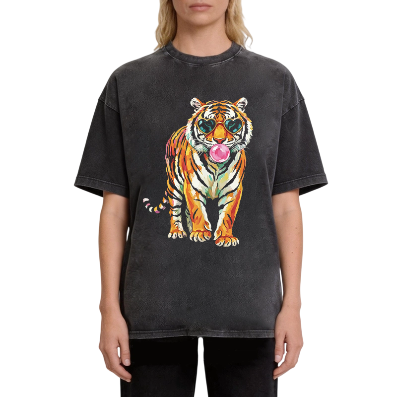 Modecanvas Tiger Cute Animal DTG Printing Washed T-Shirt