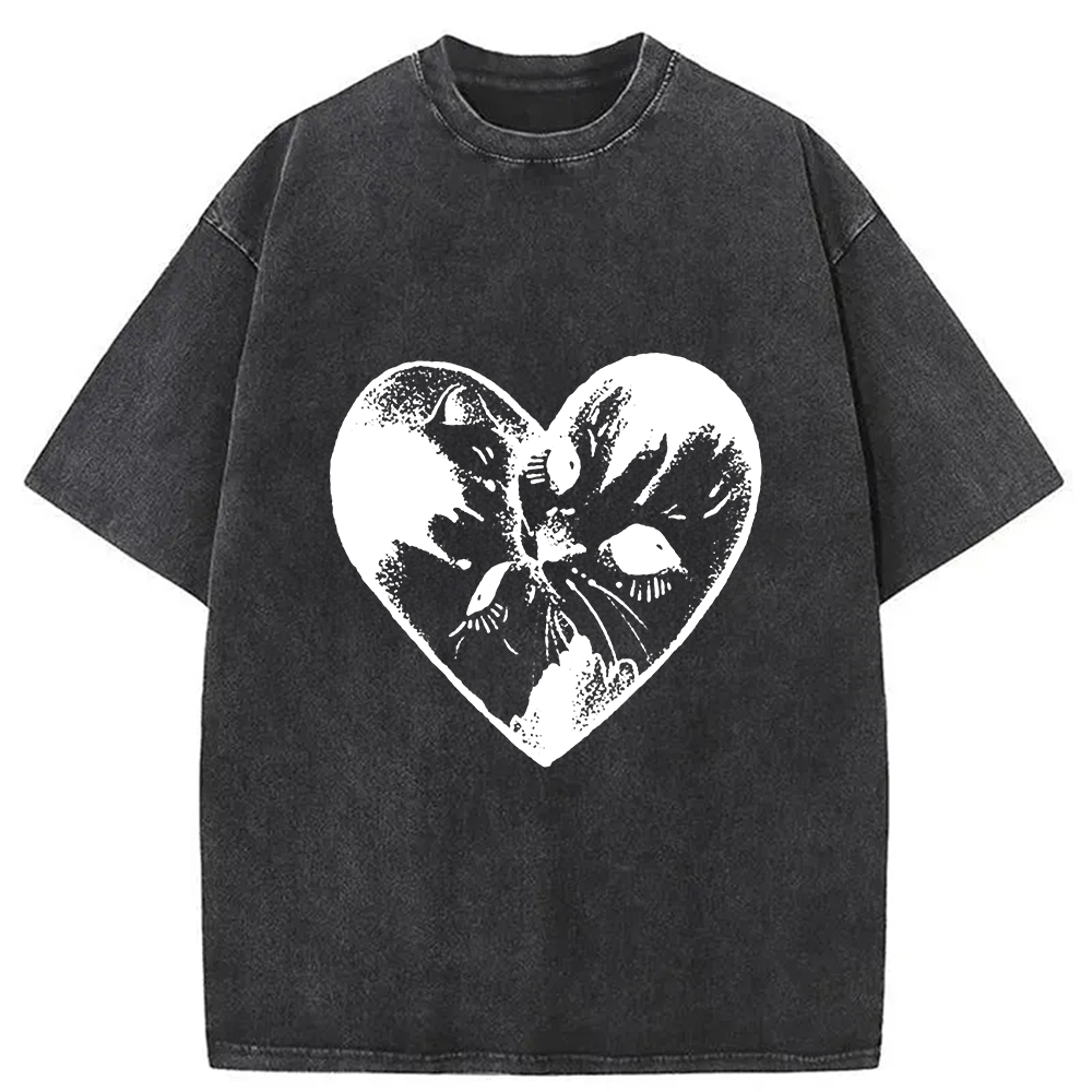 Modecanvas Heart Double Cats Washed T-Shirt