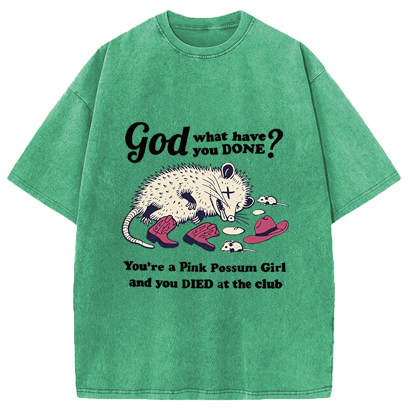 Modecanvas God What You Done? Pink Possum Girl DTG Printing Washed T-Shirt