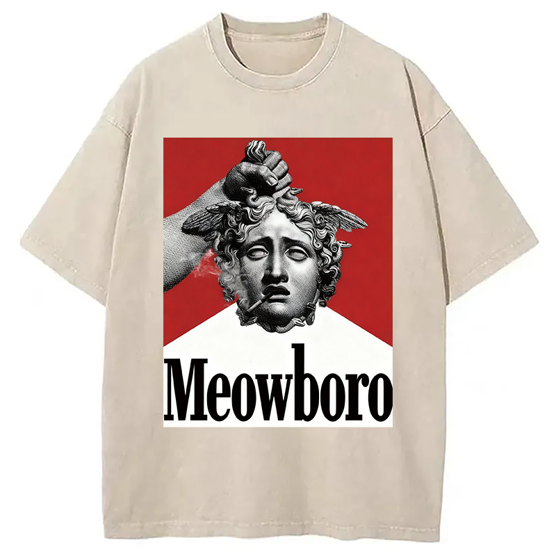 Modecanvas Funny Meowboro Cigarettes Meme Vintage Washed T-Shirt