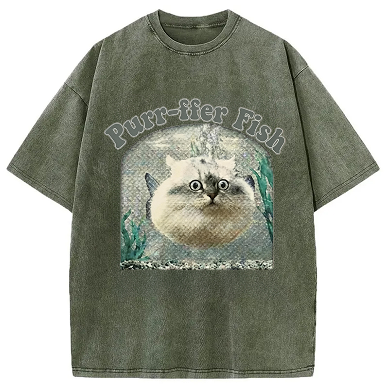 Modecanvas Purr-ffer Fish Cat DTG Printing Washed T-Shirt