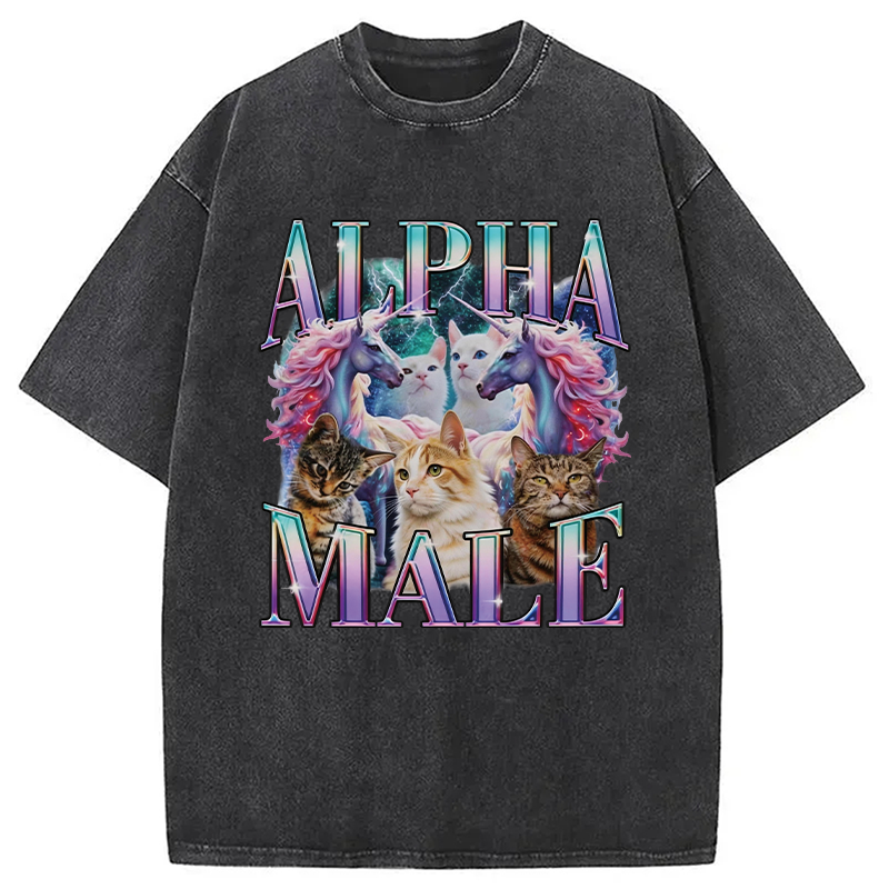Modecanvas Alpha Male Unicorn Cat DTG Printing Washed T-Shirt