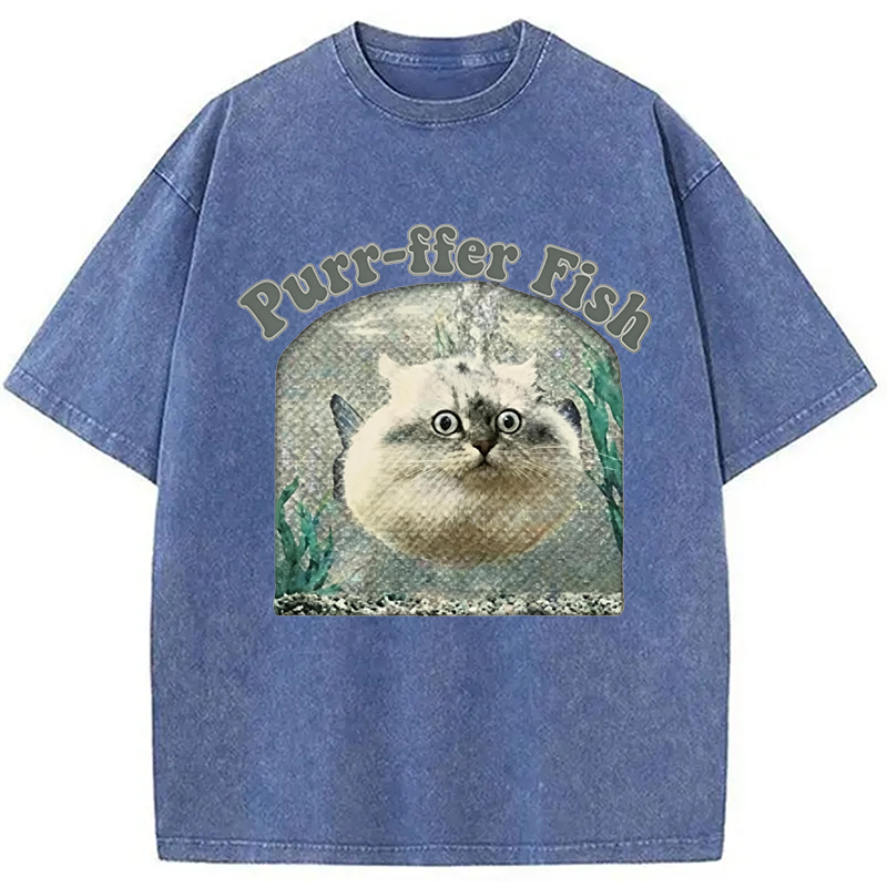 Modecanvas Purr-ffer Fish Cat DTG Printing Washed T-Shirt