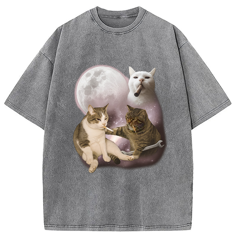 Modecanvas Three Cat Smoking Retro Washed T-Shirt