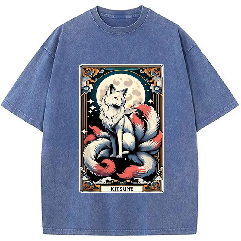 Modecanvas Japanese Kitsune Fox Nine Tailed Fox Tarot Washed T-Shirt