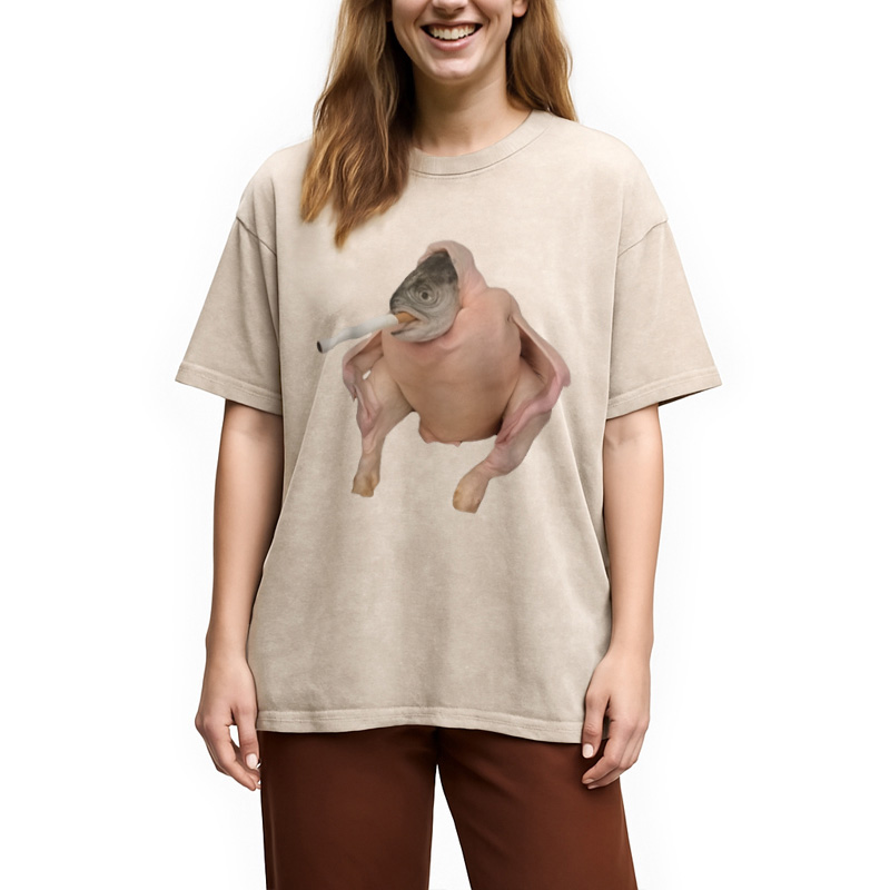Modecanvas Fish Chicken Face Smoking a Cigarette Funny Meme Washed T-Shirt