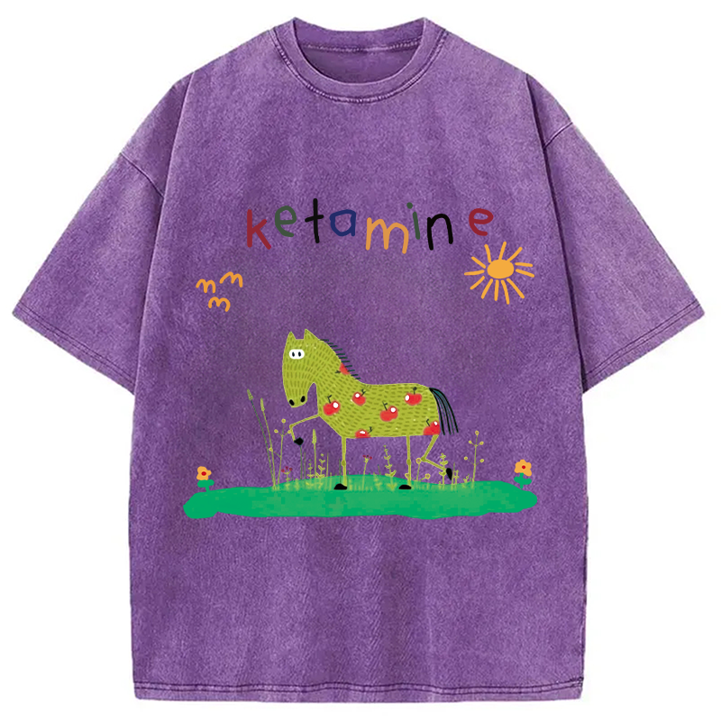 Modecanvas Funny Ketamine Horse DTG Printing Washed T-Shirt