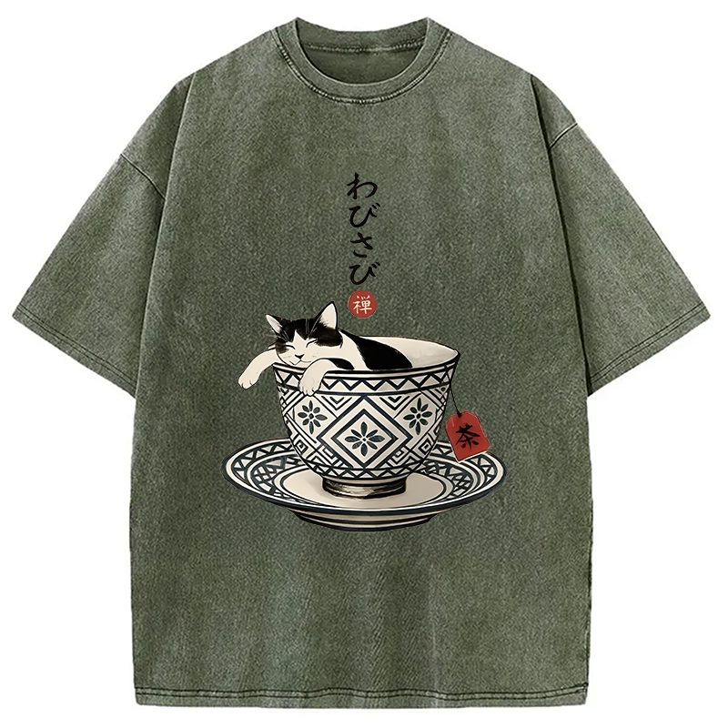 Modecanvas A Cozy Cat In A Teacup Washed T-Shirt-modecanvas