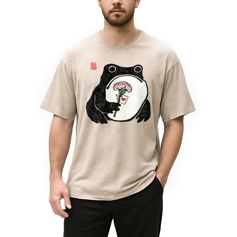 Modecanvas The Frog Holding A Carnation DTG Printing Washed T-Shirt