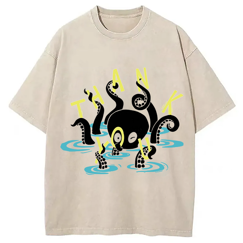 Modecanvas Octopus In Water Thank You DTG Printing Washed T-Shirt
