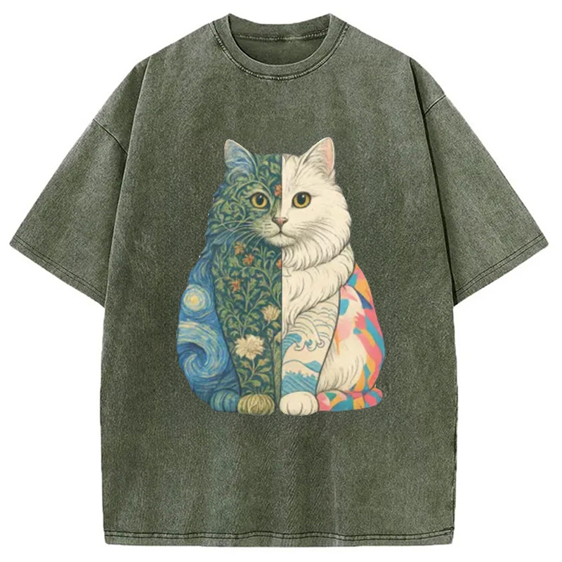 Modecanvas Van Gogh Art Cat Washed T-Shirt