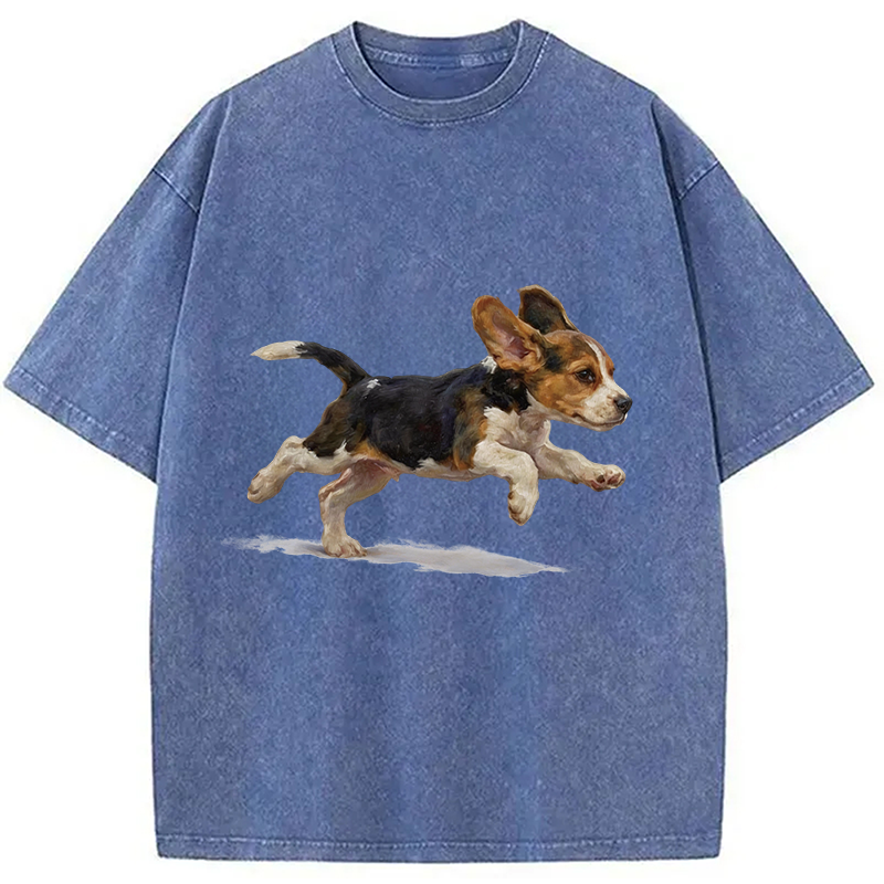 Modecanvas Funny Cute Running Beagle Puppy DTG Printing Washed T-Shirt