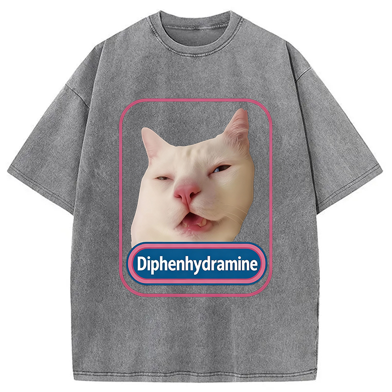 Modecanvas Funny Diphenhydramine Meme Cat Washed T-Shirt-modecanvas