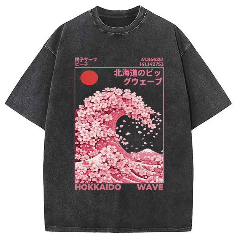 Modecanvas Hokkaido Wave Sakura Washed T-Shirt-modecanvas