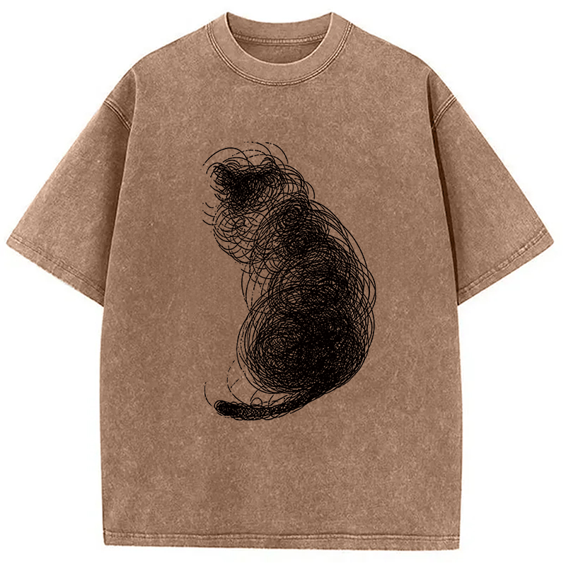 Modecanvas Chaotic Line Art Of A Curled Cat DTG Printing Washed T-Shirt