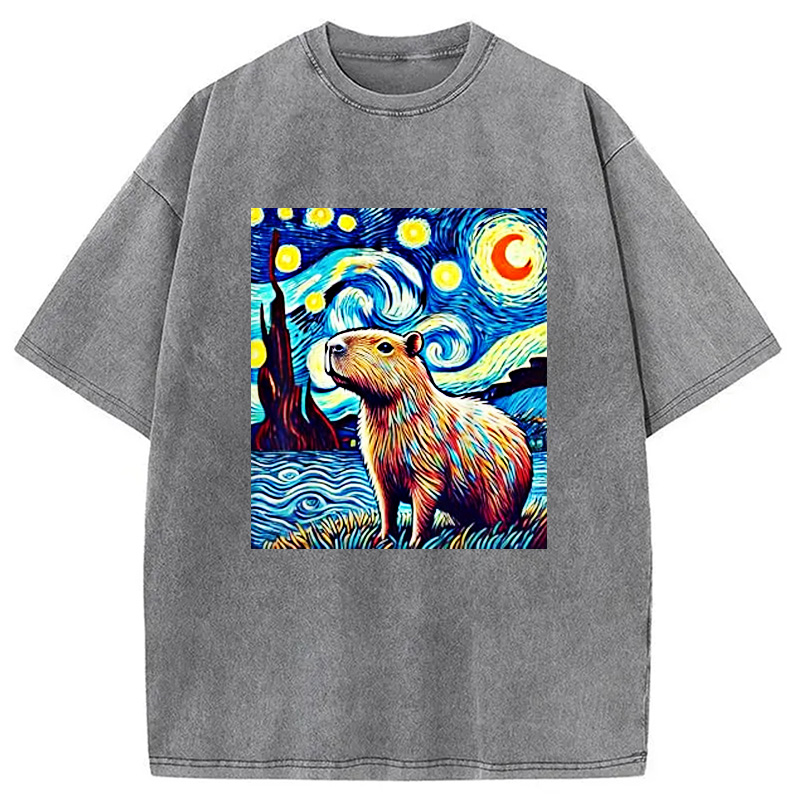 Modecanvas Capybara Starry Night Light Washed T-Shirt