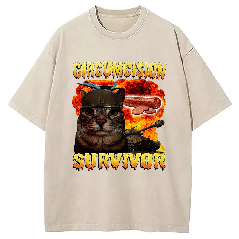 Modecanvas Circumcision Survivor Funny Cat Meme Washed T-Shirt-modecanvas
