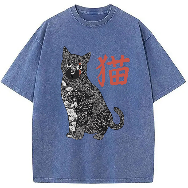 Modecanvas Tattooed Cat Japanese Vintage Washed T-Shirt