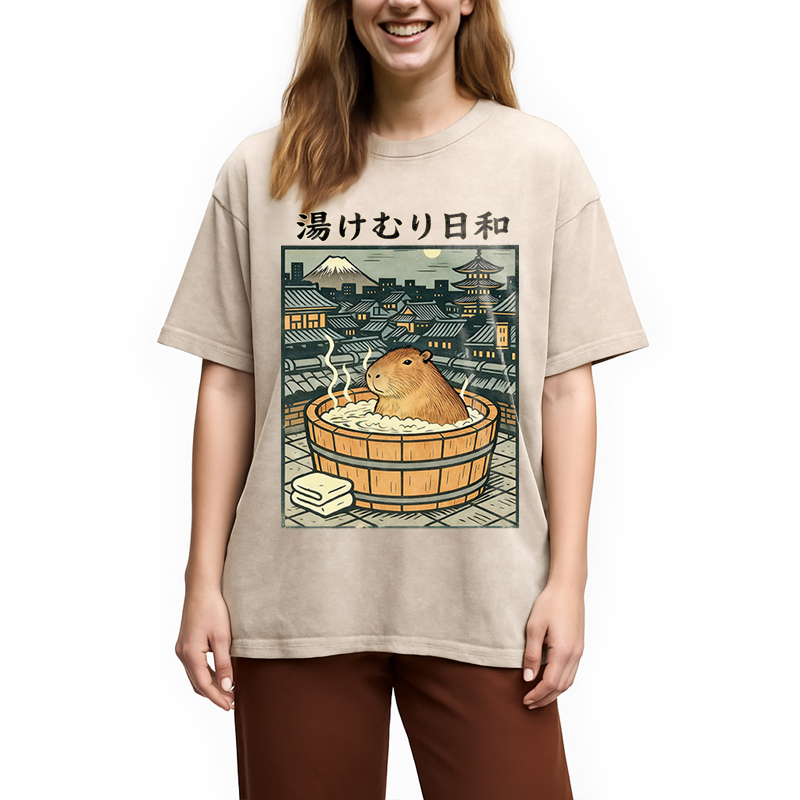 Modecanvas Capybara Bath DTG Printing Washed T-Shirt