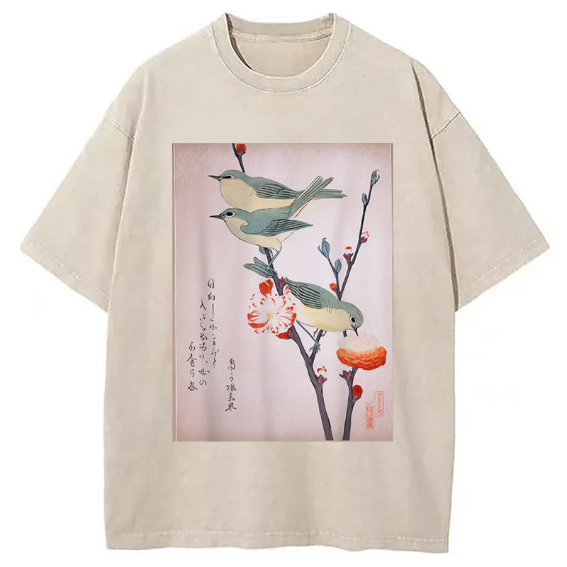 Modecanvas Japanese Art Birds on Cherry Blossom Washed T-Shirt