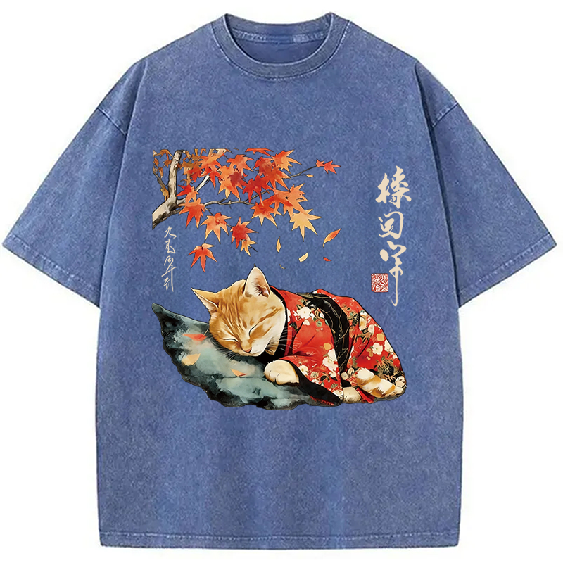 Modecanvas Kimono Neko Art DTG Printing Washed T-Shirt-modecanvas