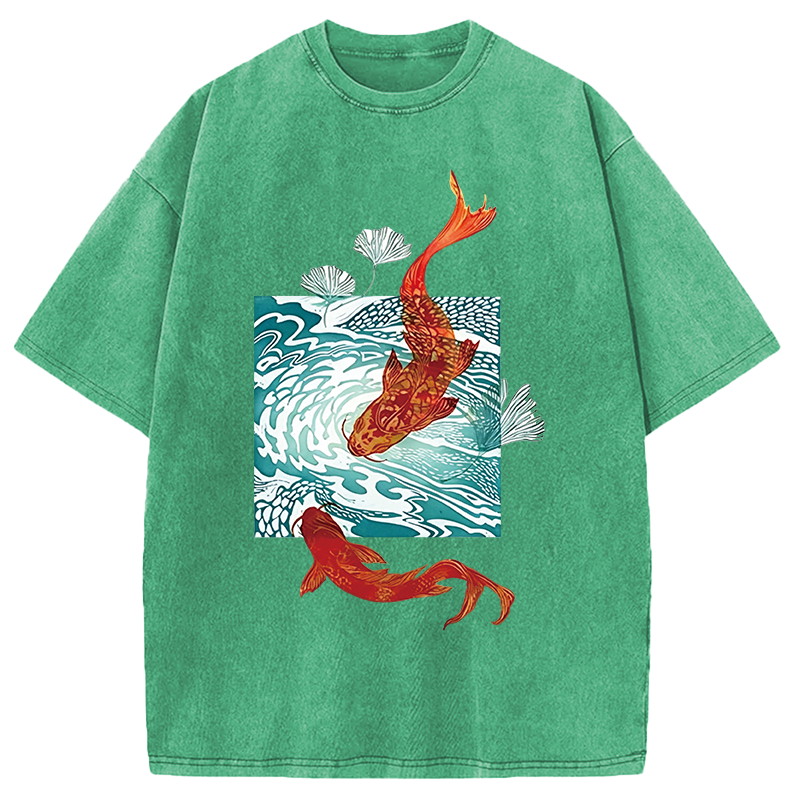 Modecanvas Koi In Wave Patterns DTG Printing Washed T-Shirt