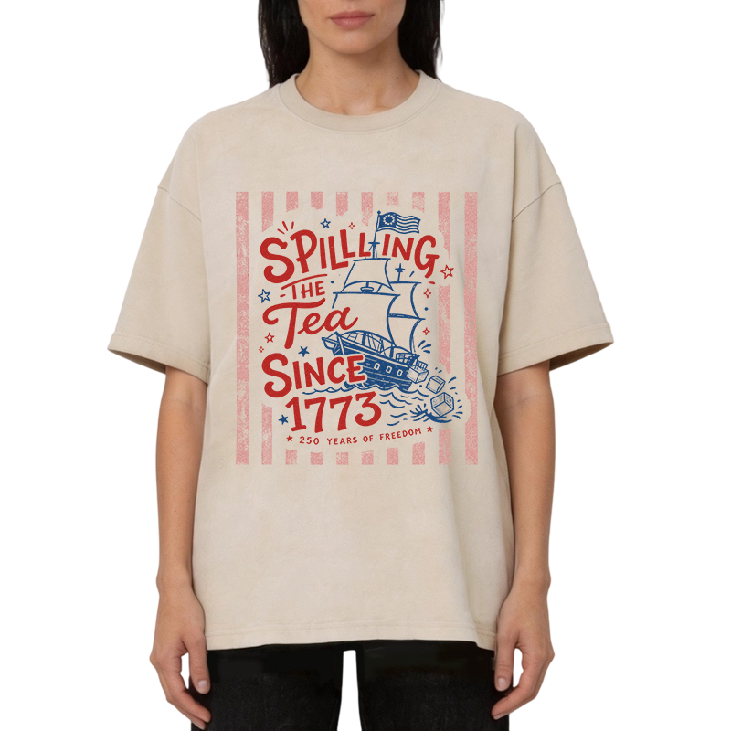 Modecanvas Striped Spilling The Tea Since 1773 DTG Printing Washed T-Shirt