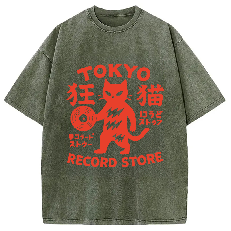 Modecanvas Tokyo Record Store Cat DTG Printing Washed T-Shirt