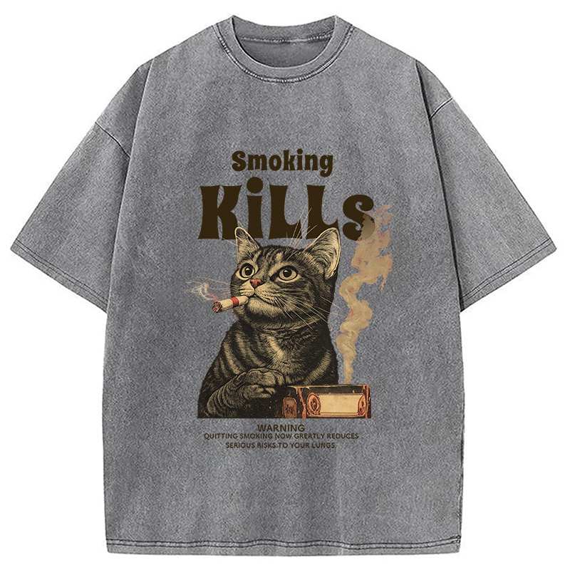 Modecanvas Smoking Mills Cat Meme Washed T-Shirt-modecanvas