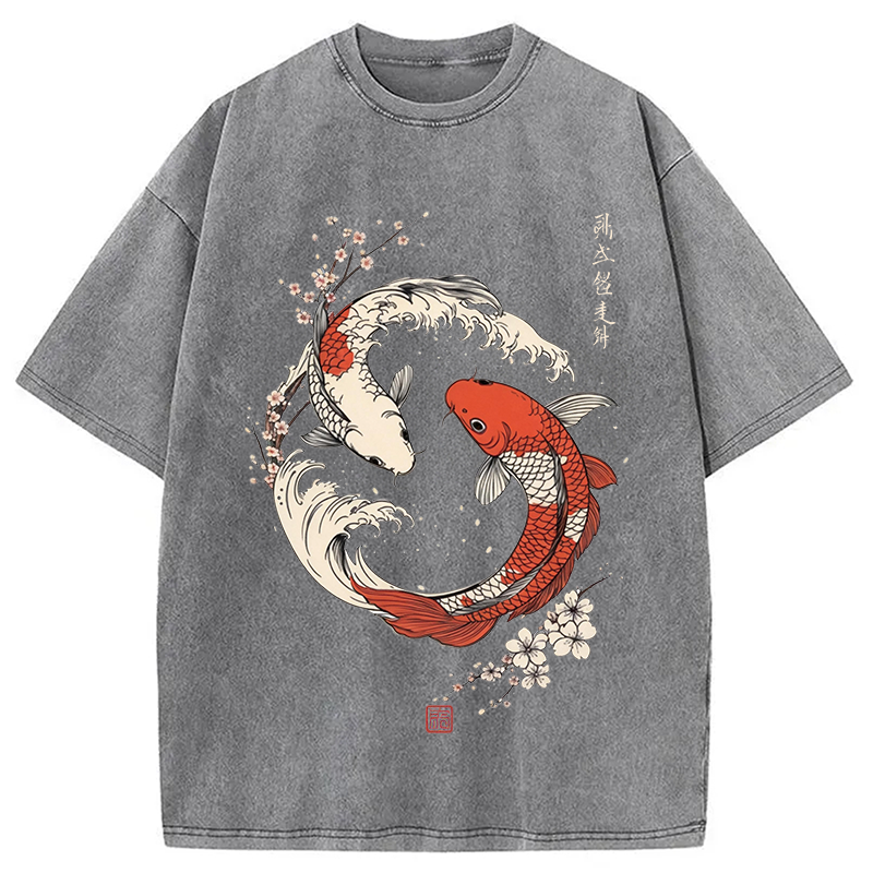 Modecanvas Koi Fish Cherry Blossoms Japanese DTG Printing Washed T-Shirt