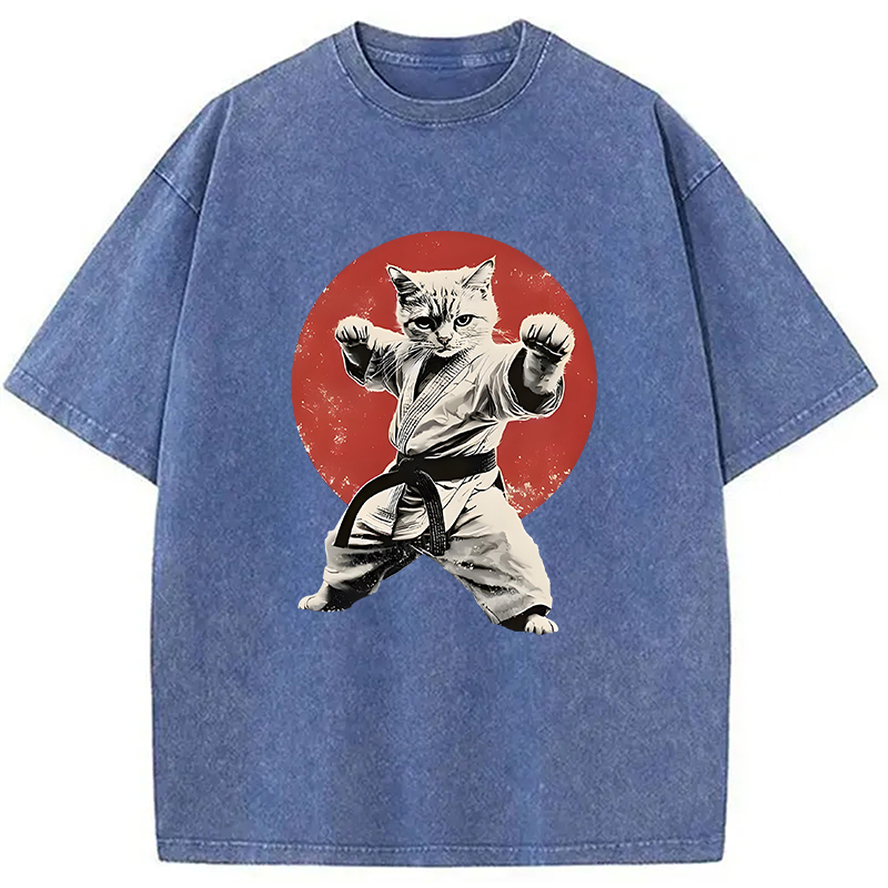 Modecanvas Japanese Karate Cat Washed T-Shirt-modecanvas