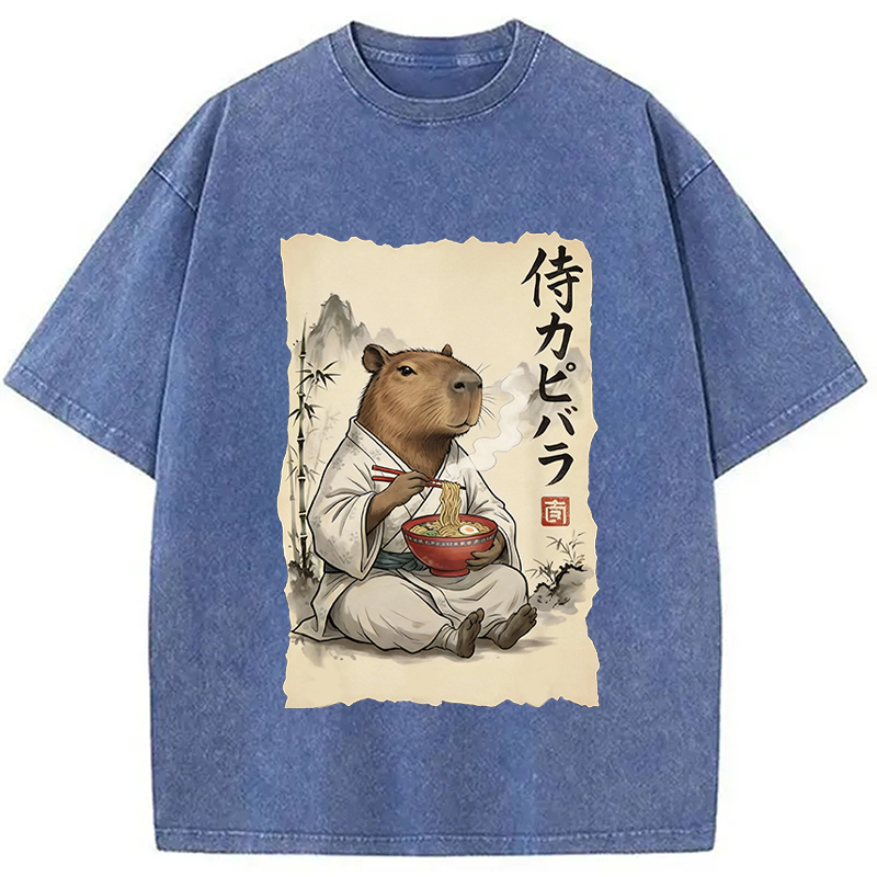 Modecanvas Funny Capybara Ramen DTG Printing Washed T-Shirt