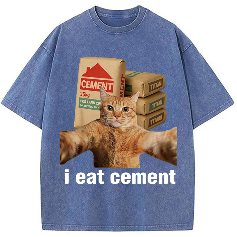 Modecanvas I EAT CEMENT Funny Cat Meme DTG Printing Washed T-Shirt