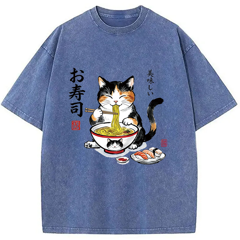 Modecanvas Cats Eat Japanese Food DTG Printing Washed T-Shirt