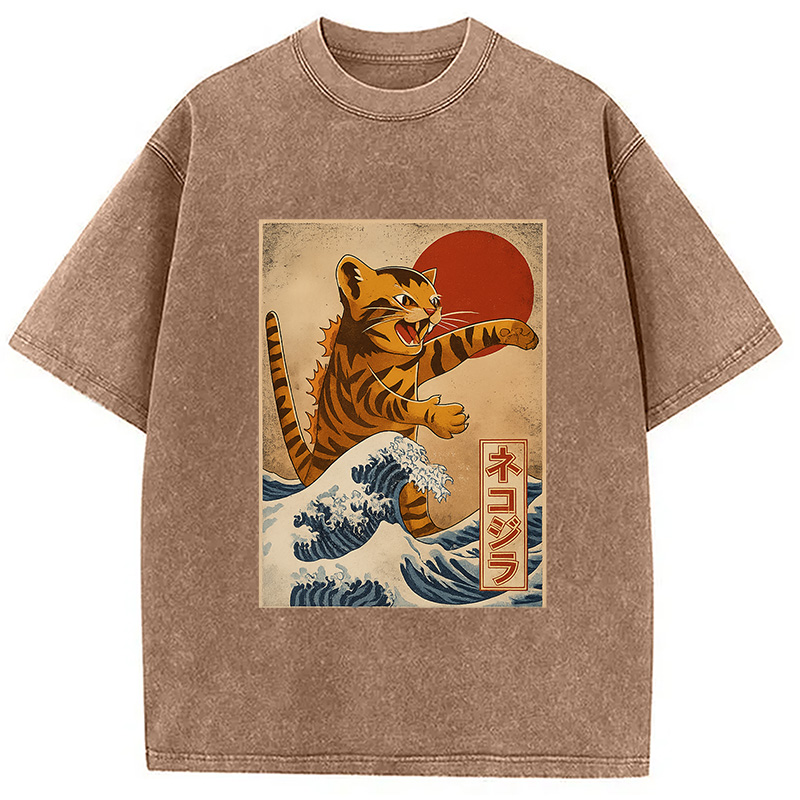 Modecanvas Catzilla Orange Cat Japanese Vintage Washed T-Shirt