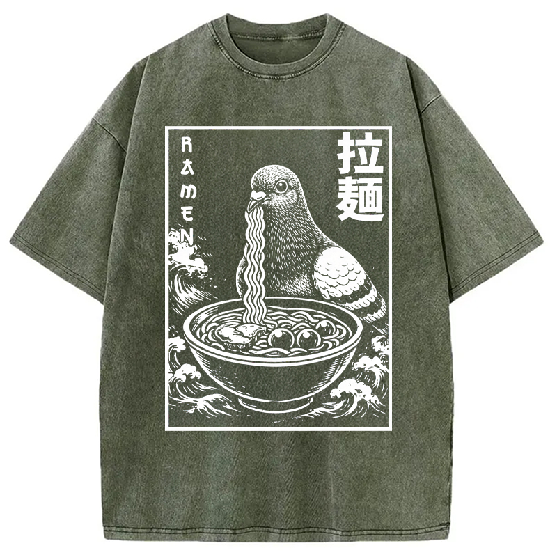 Modecanvas Ramen Pigeon DTG Printing Washed T-Shirt