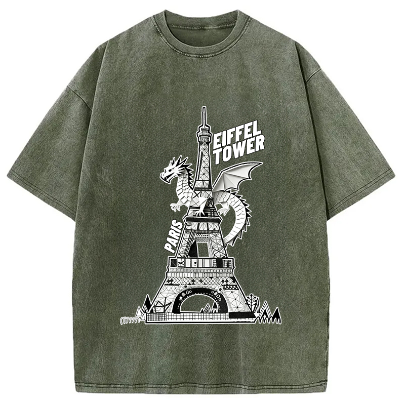 Modecanvas Dragon Eiffel Tower Washed T-Shirt