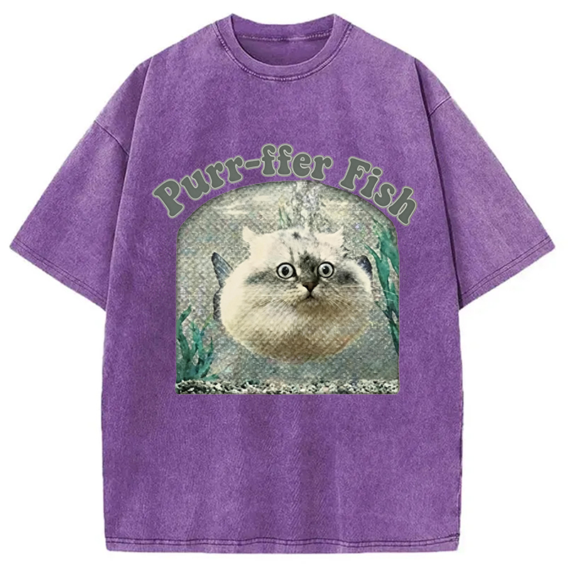 Modecanvas Purr-ffer Fish Cat DTG Printing Washed T-Shirt