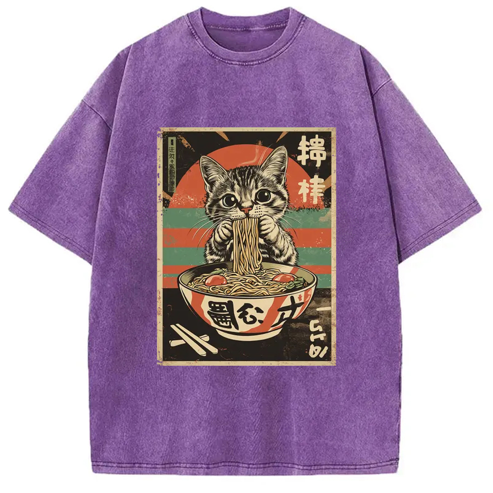 Modecanvas Kawaii Cat Lover Ramen Washed T-Shirt