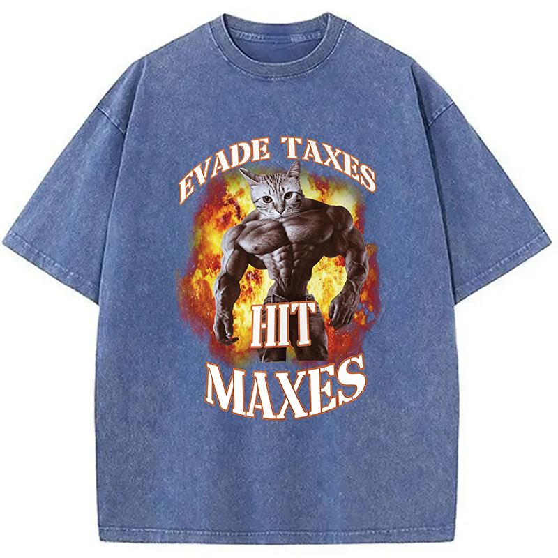 Modecanvas Evade Taxes Hit Maxes Cat Gym Meme DTG Printing Washed T-Shirt