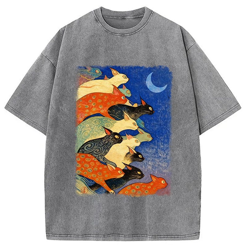 Modecanvas Colorful Flowing Cats Washed T-Shirt