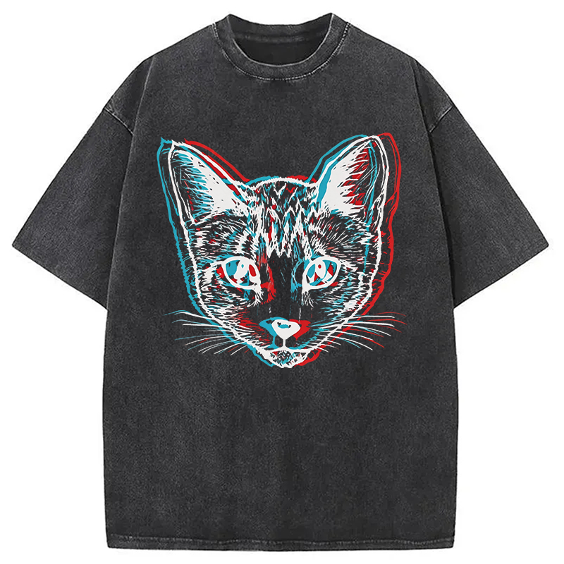 Modecanvas Psychedelic Weirdcore Cat DTG Printing Washed T-Shirt
