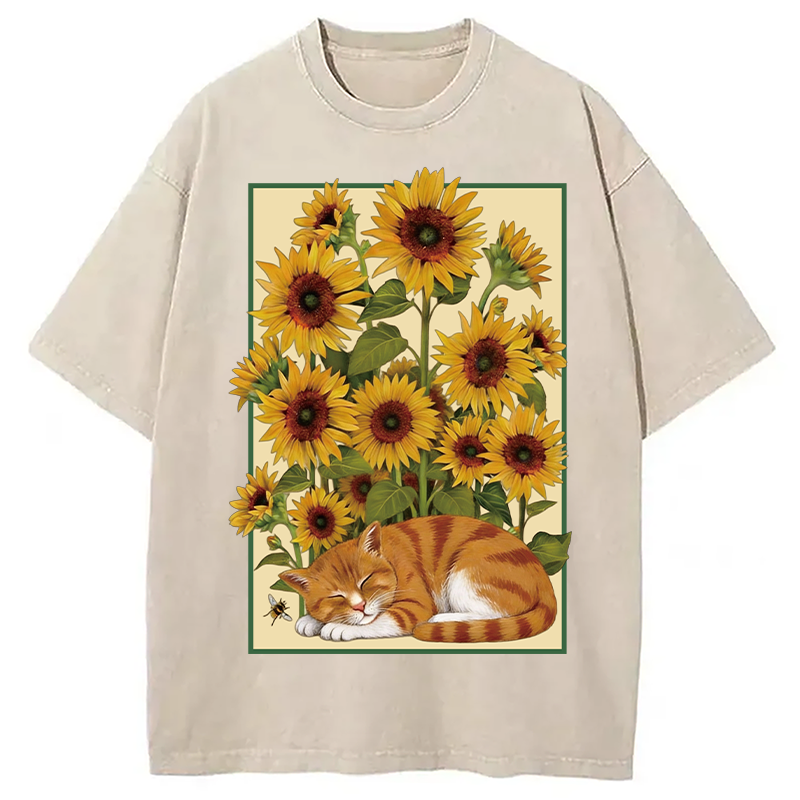 Modecanvas Sunflower Orange Cat Washed T-Shirt-modecanvas