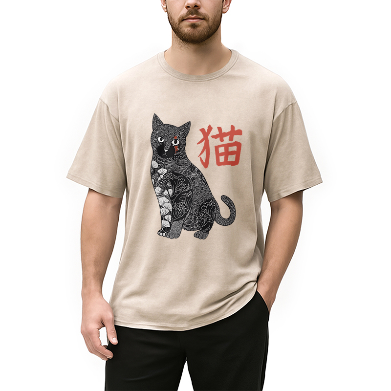 Modecanvas Tattooed Cat Japanese Vintage Washed T-Shirt